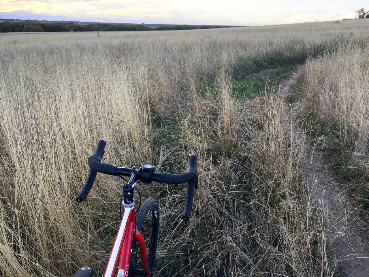 Red bike and single track trail in the tall grass